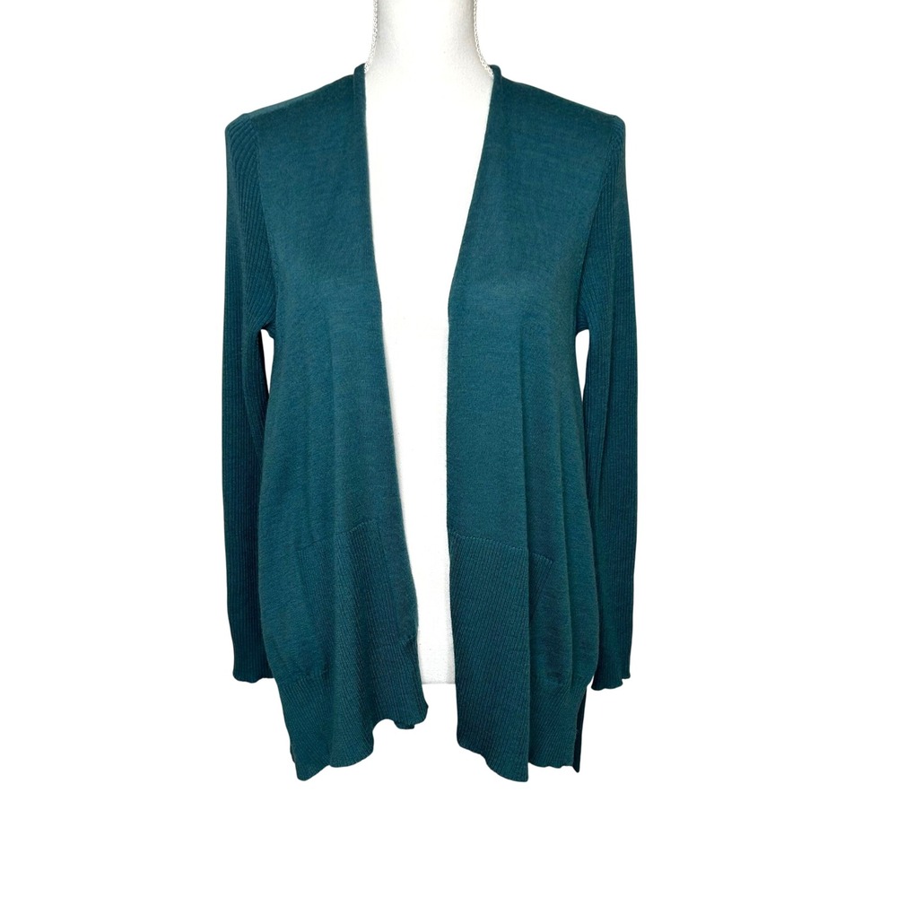 Eileen Fisher  Women 100% Merino wool Cardigan Teal Ribbed Open Front Sweater S